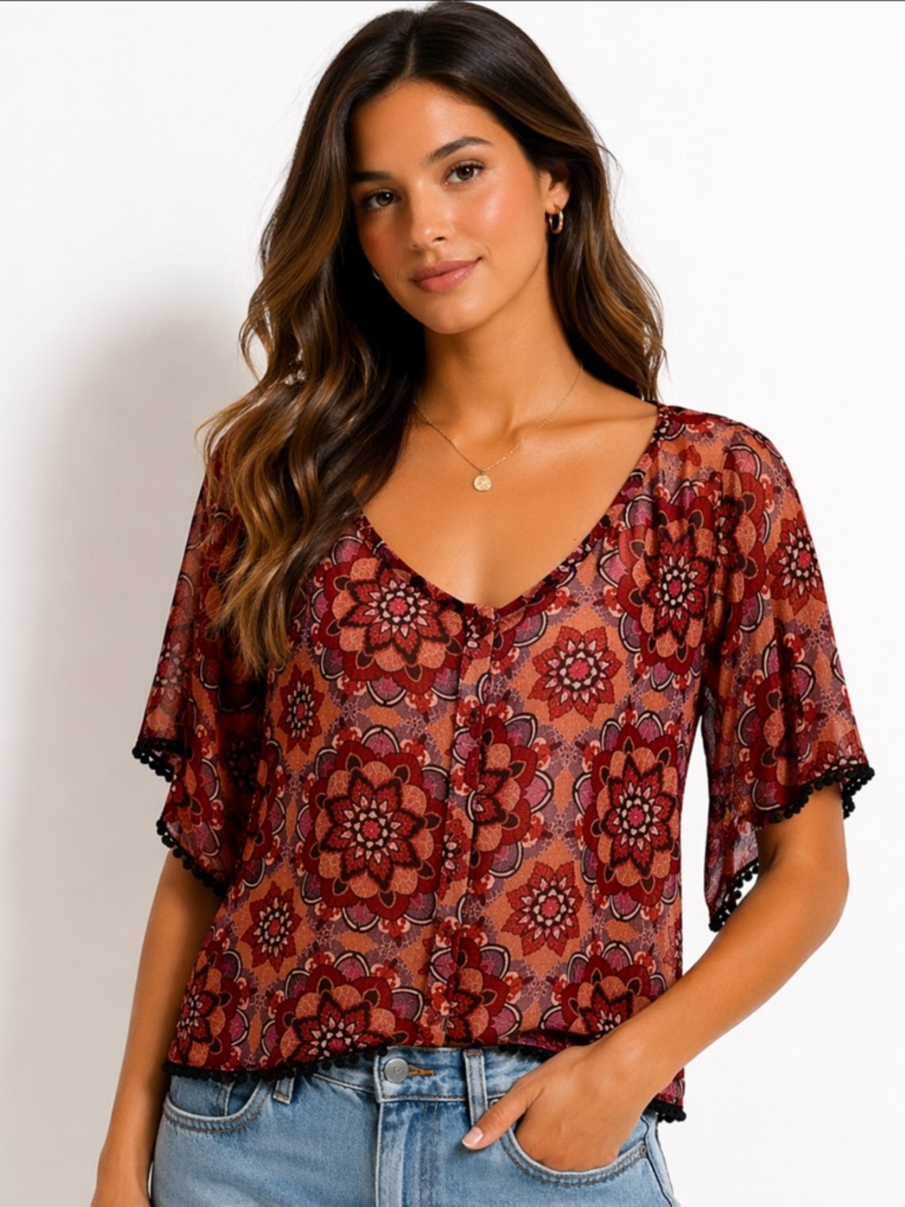 Mudd Women’s Semi Sheer Floral Boho High Low Blouse S